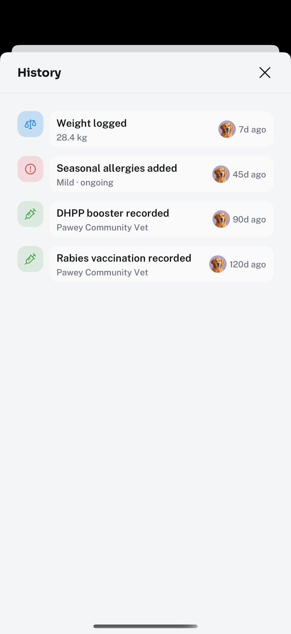 Pawey activity history for Milo with weight, allergy and vaccination records
