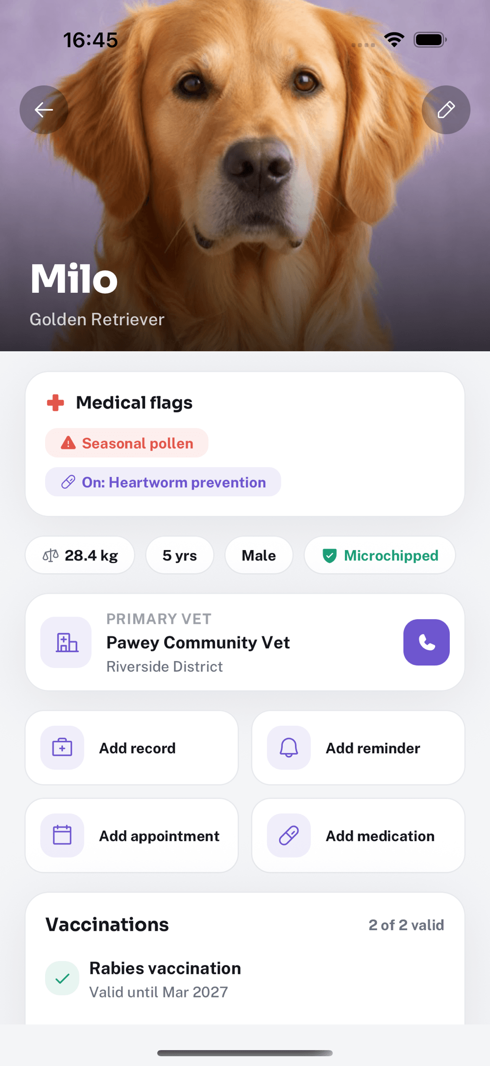 Pawey pet profile for Milo with medical flags, vitals, a primary vet and quick actions