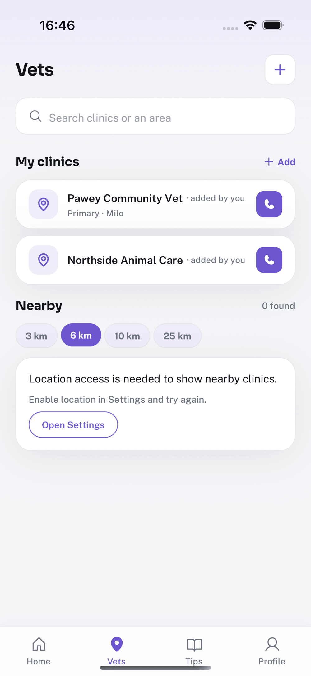 Pawey Vets list with two fictional saved clinics and location permission guidance